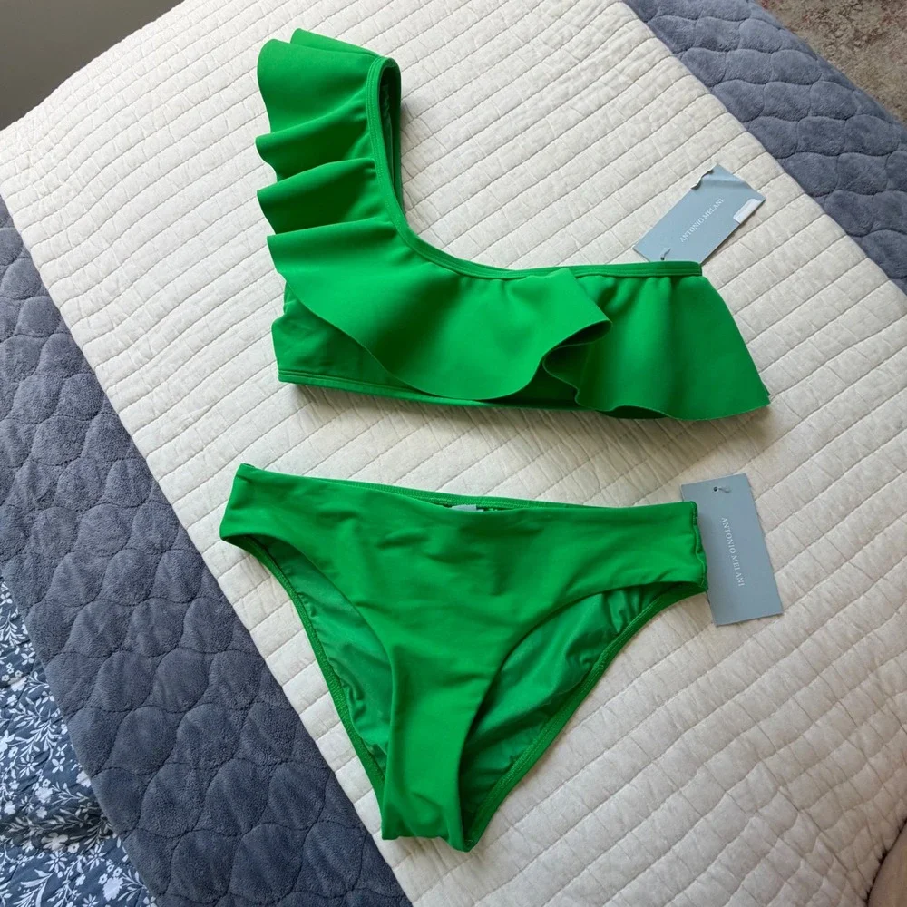 Antonio Melani Green One Shoulder Ruffle Bikini Set Swimsuit‎ NWT Small